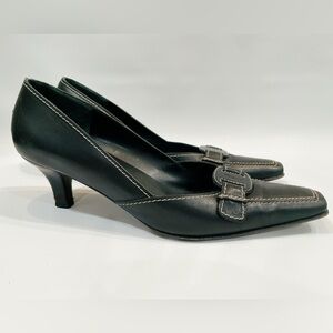 Salvatore Ferragamo Black Square Toes Ivory Stitching Leather Heeled Pumps 8.5